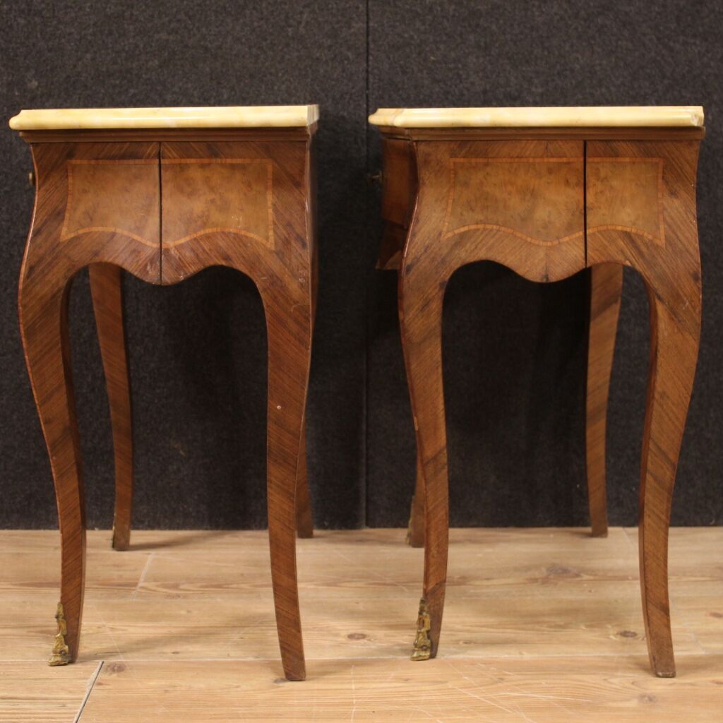 Pair of Italian inlaid bedside tables with marble top