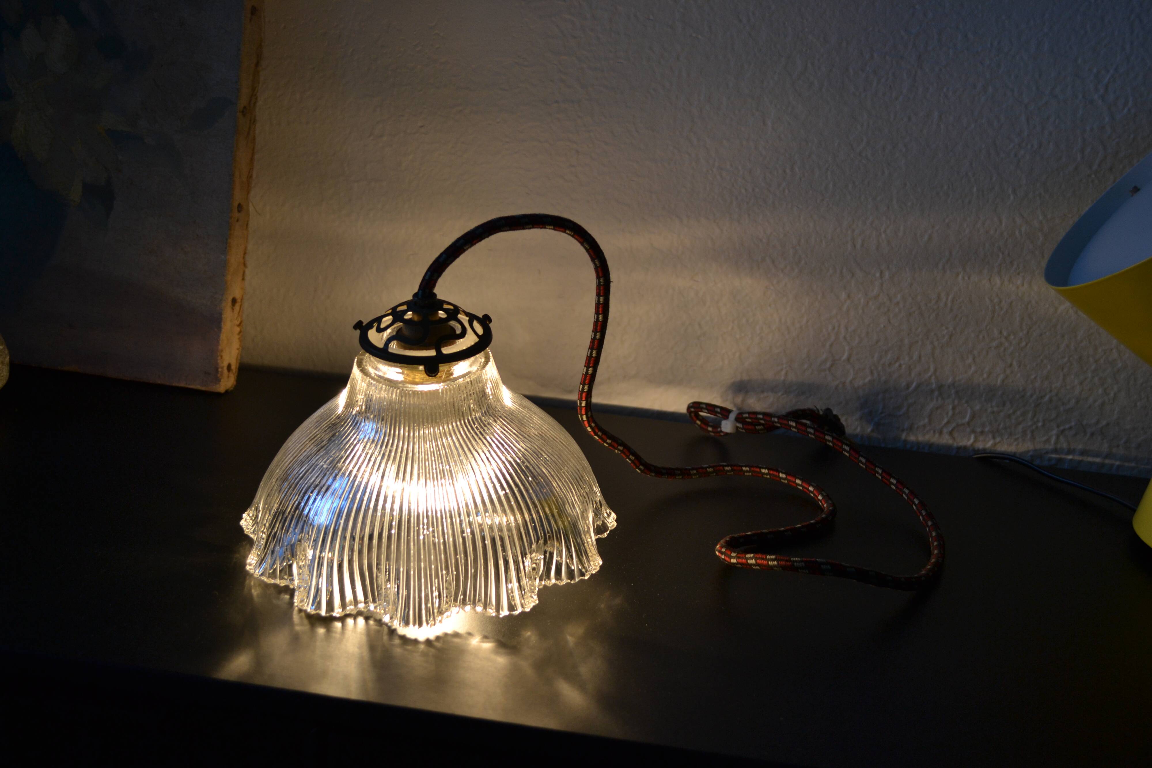 Prismatic glass Holophane pendant light circa 1950