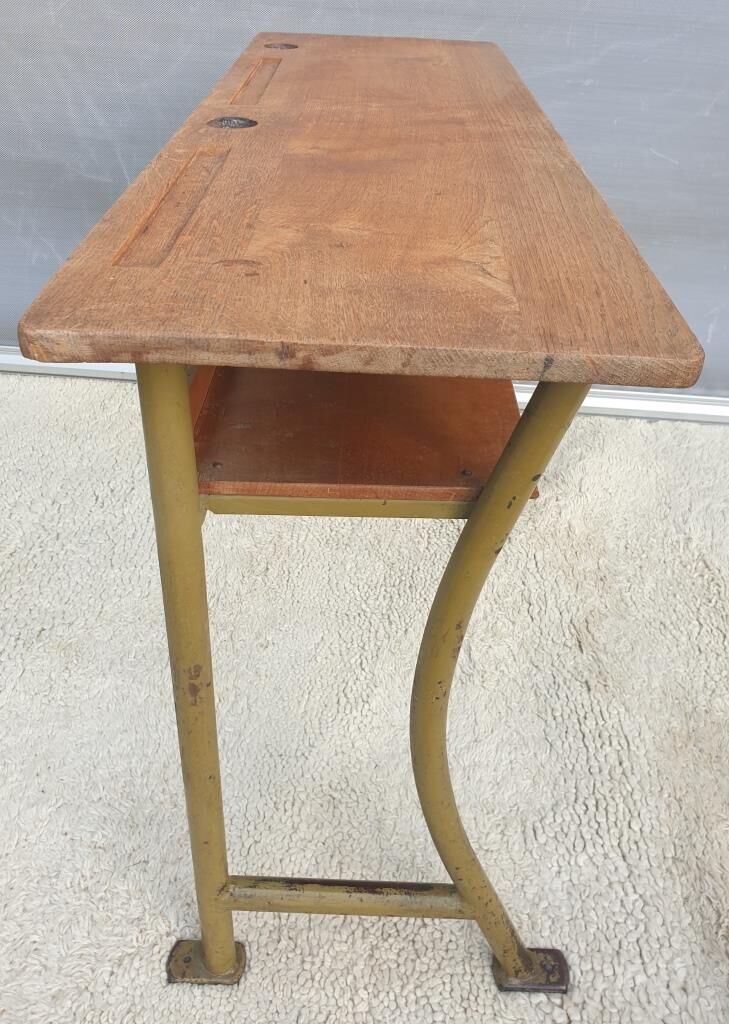 Console desk wood metal vintage curved metal base