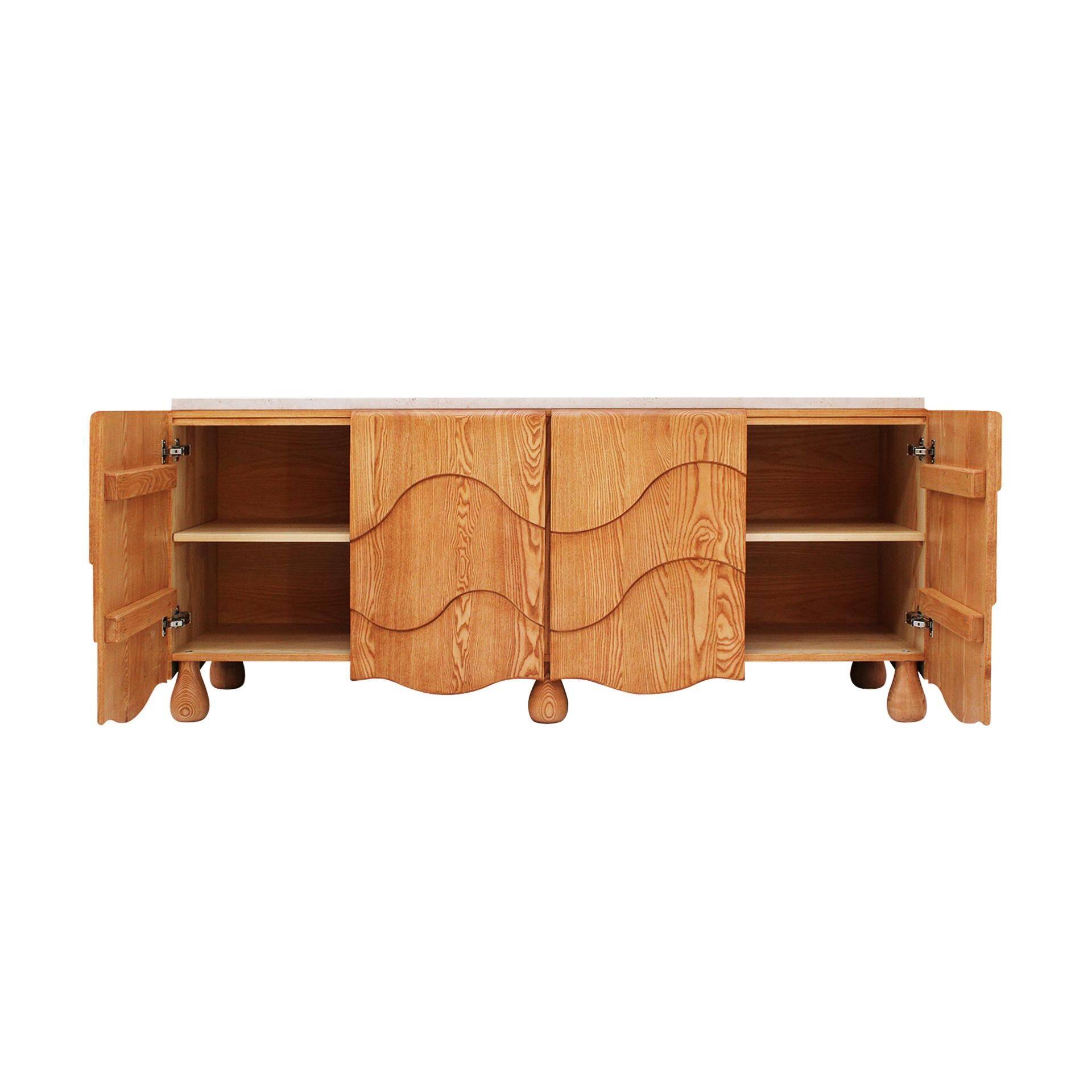 Contemporary Handcrafted Oak Solid Wood And Travertine Italian Sideboard