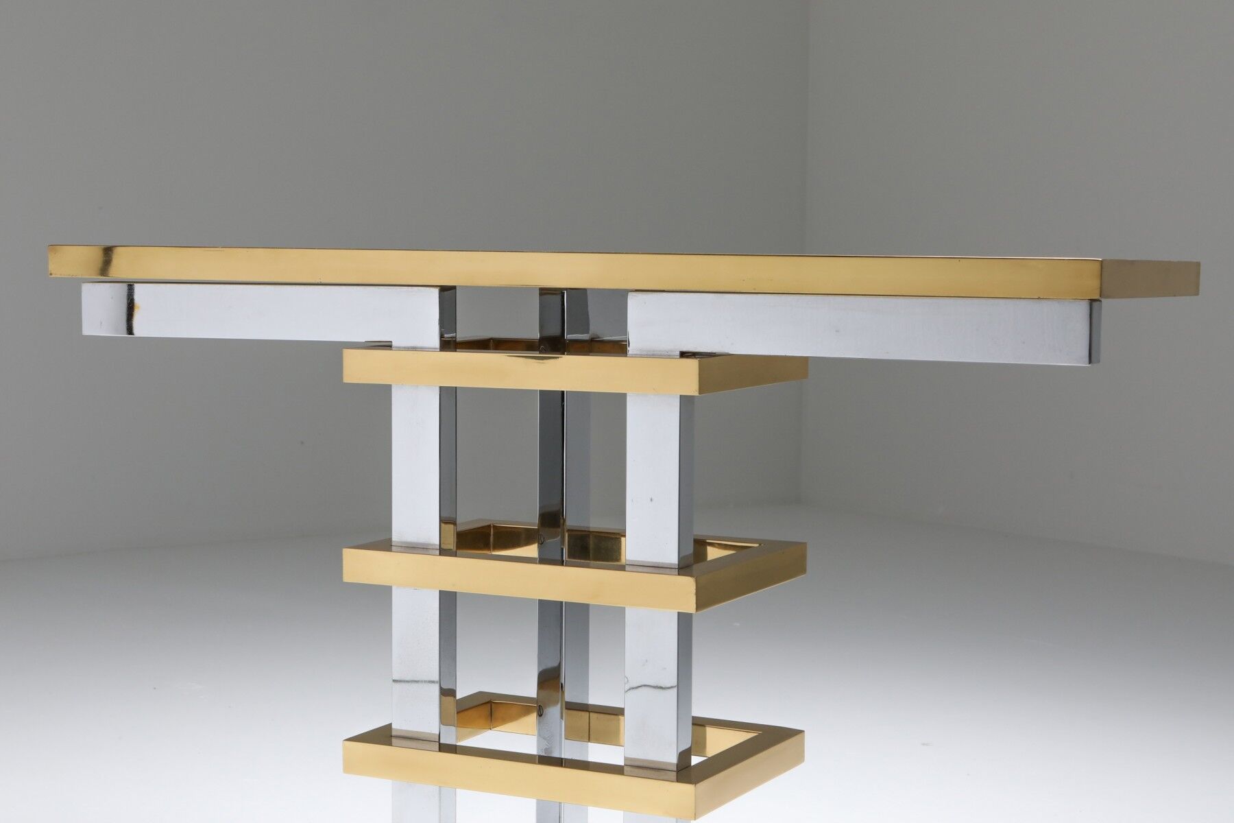 Brass and chrome console with 1970 Duchise glass tray