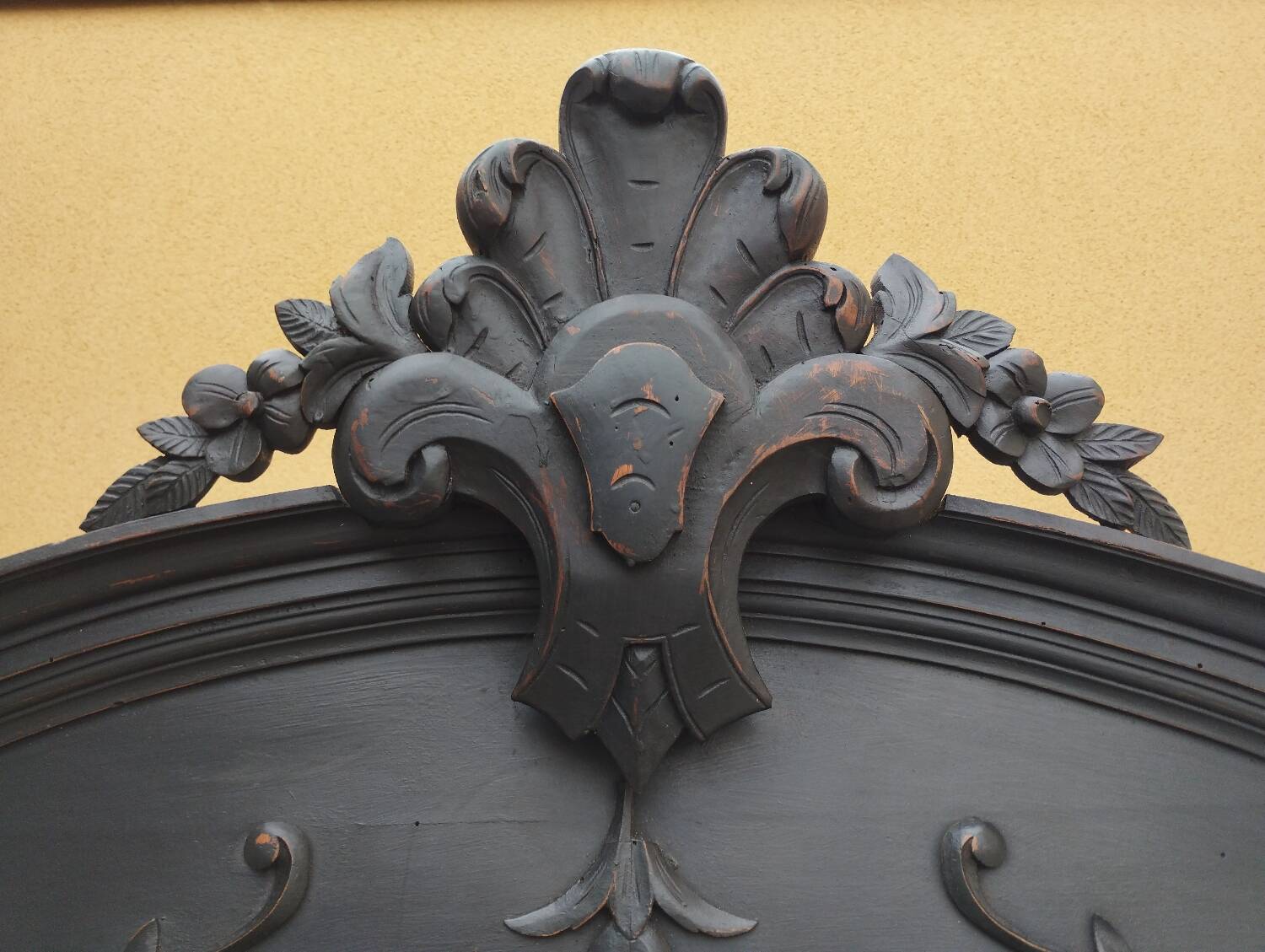 Bookcase black patina shell pediment 2 drawer doors