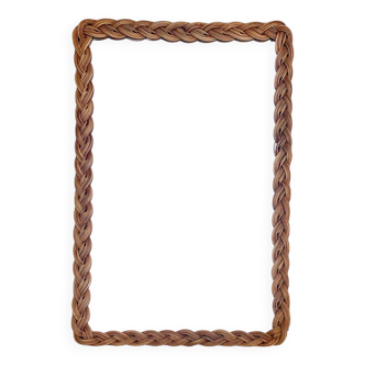 Ancien miroir biseauté rectangulaire en osier tressé - 60 cm