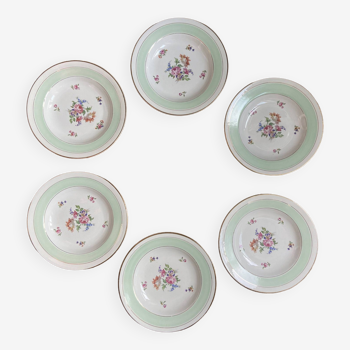 6 assiettes creuses l'Amandinoise couleur mint & décor floral, vintage