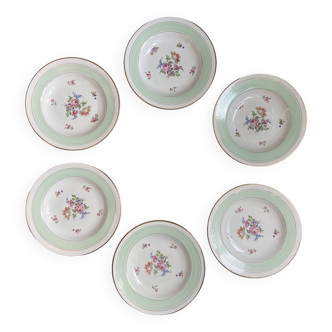 6 assiettes creuses l'Amandinoise couleur mint & décor floral, vintage