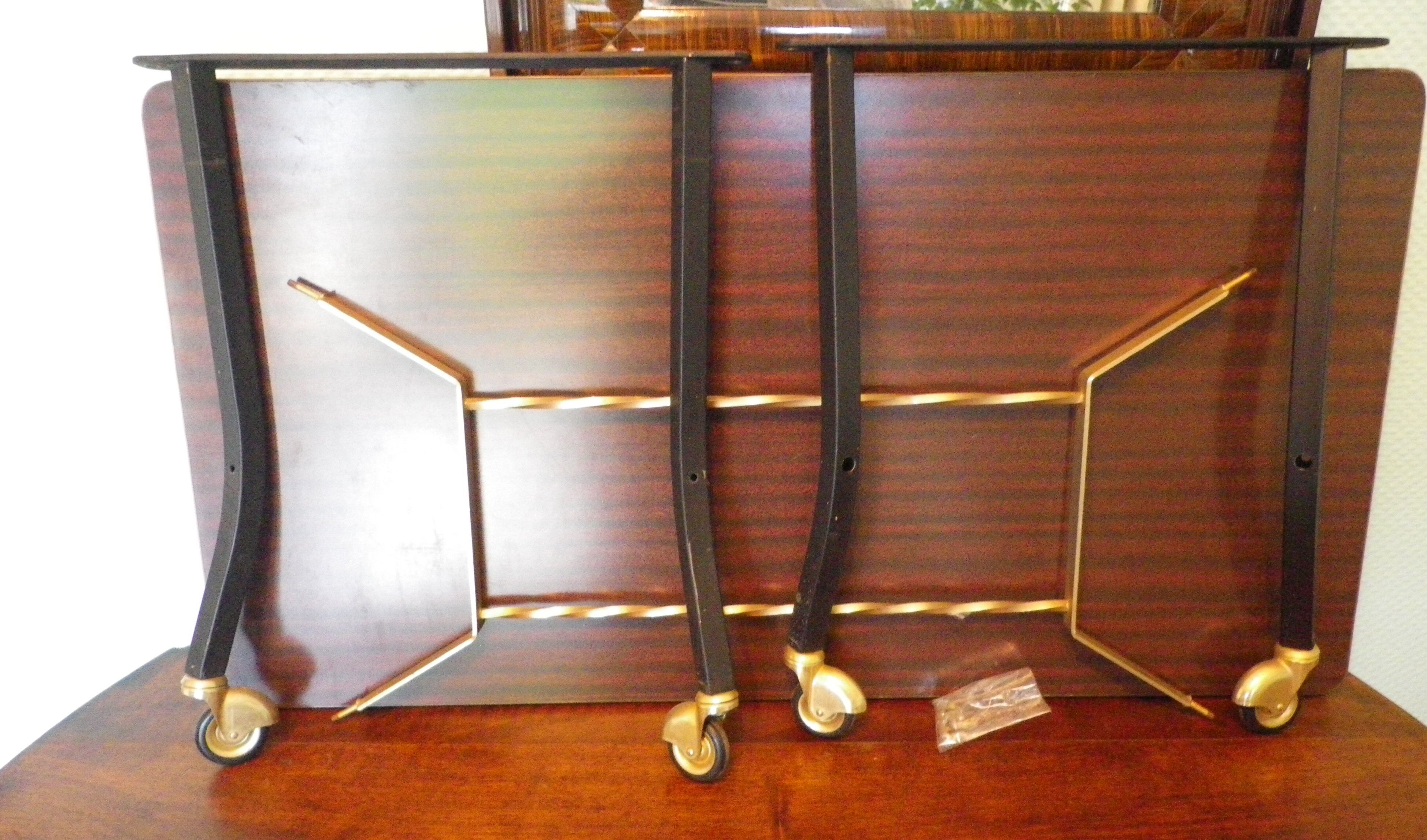 Lounge table, side table on wheels, formica top, gold and black metal