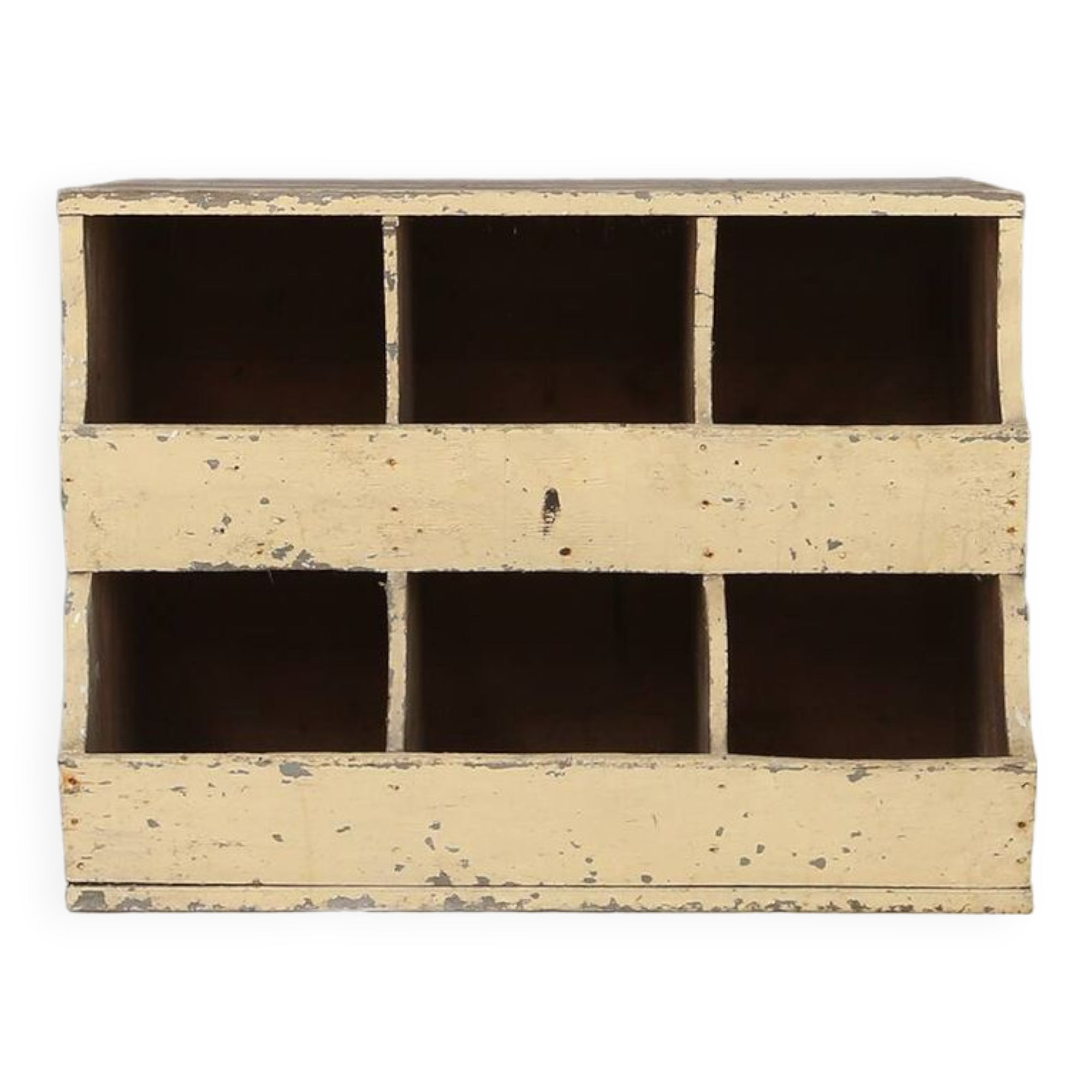 Unique industrial lacquered compartment cabinet with rich patina, France, 1890