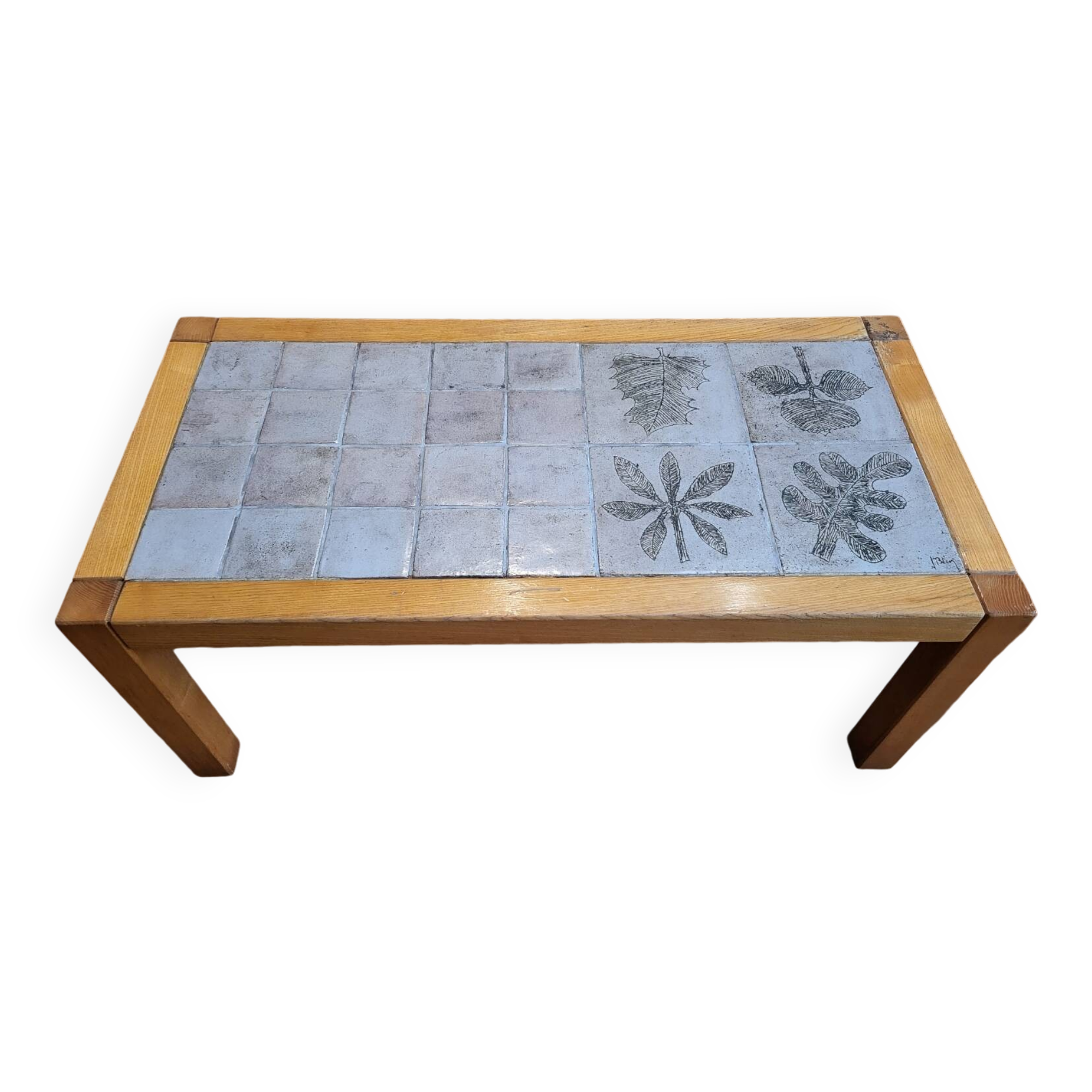Jacques Blin coffee table in glazed ceramic, oak wood French Riviera 1960 Vintage