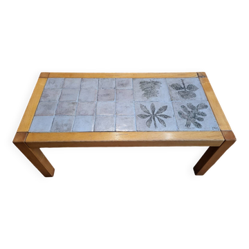 Table basse Jacques Blin en céramique émaillée,  bois de chêne Francaise French Riviera 1960 Vintage