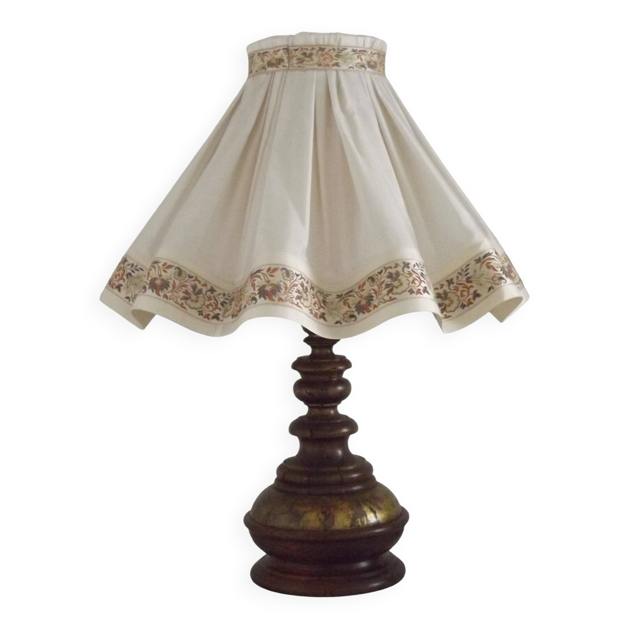 Vintage French Country Style Lamp Turned Wood Base & Layered Fabric Shade
