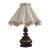 Vintage French Country Style Lamp Turned Wood Base & Layered Fabric Shade