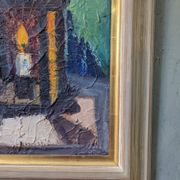 1959 Mid-Century Modern Swedish "Still Life With Lamp" Vintage Oil Painting, Framed