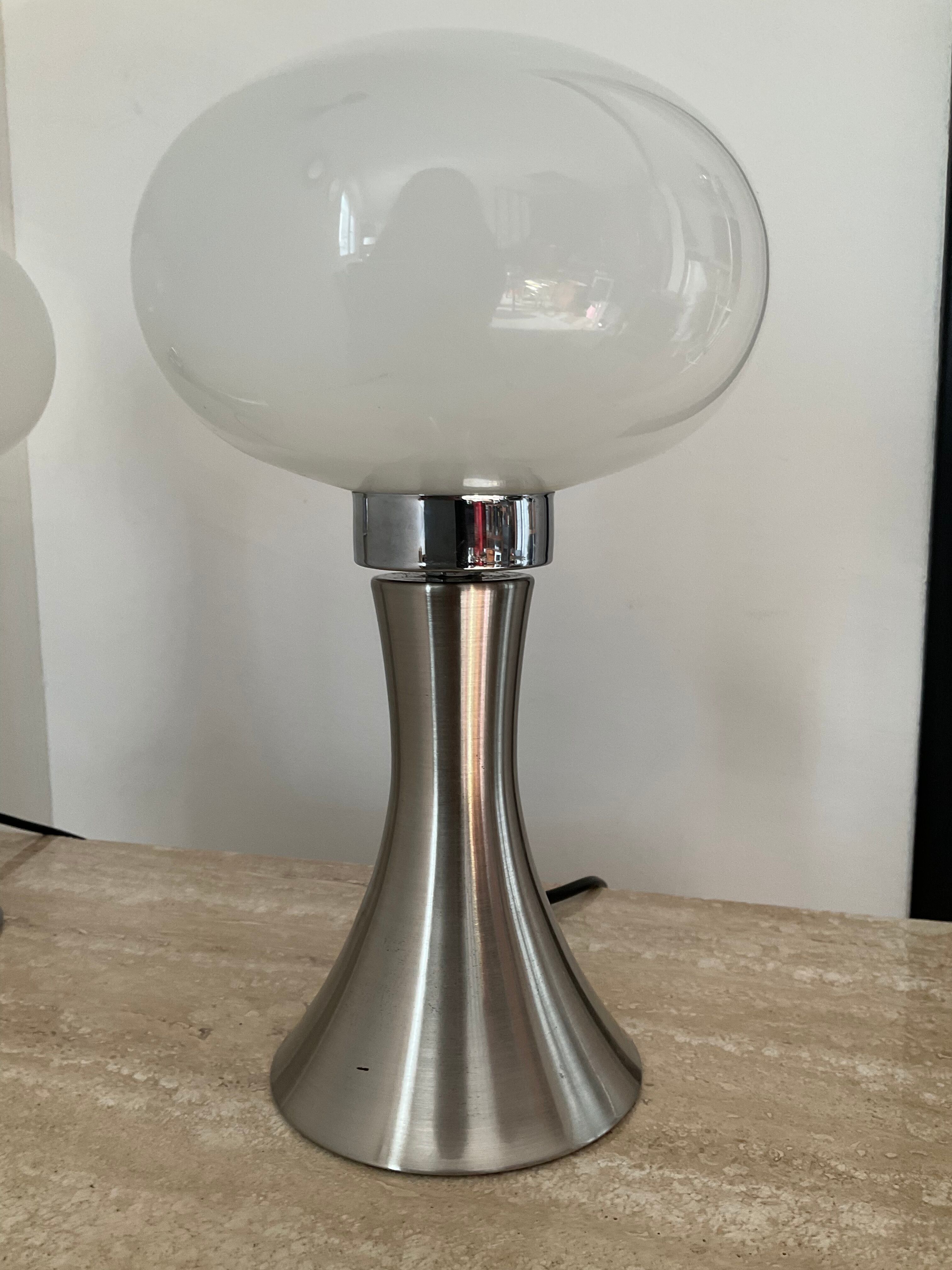 Pair of lamps mushroom opaline and chromed metal 80s