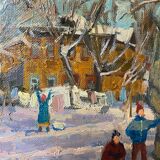 Table Russian school XX° "Animated winter landscape" Children playing signed + frame