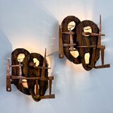 Pair of Brutalist wood & copper wall sconces, Italy, 1970s
