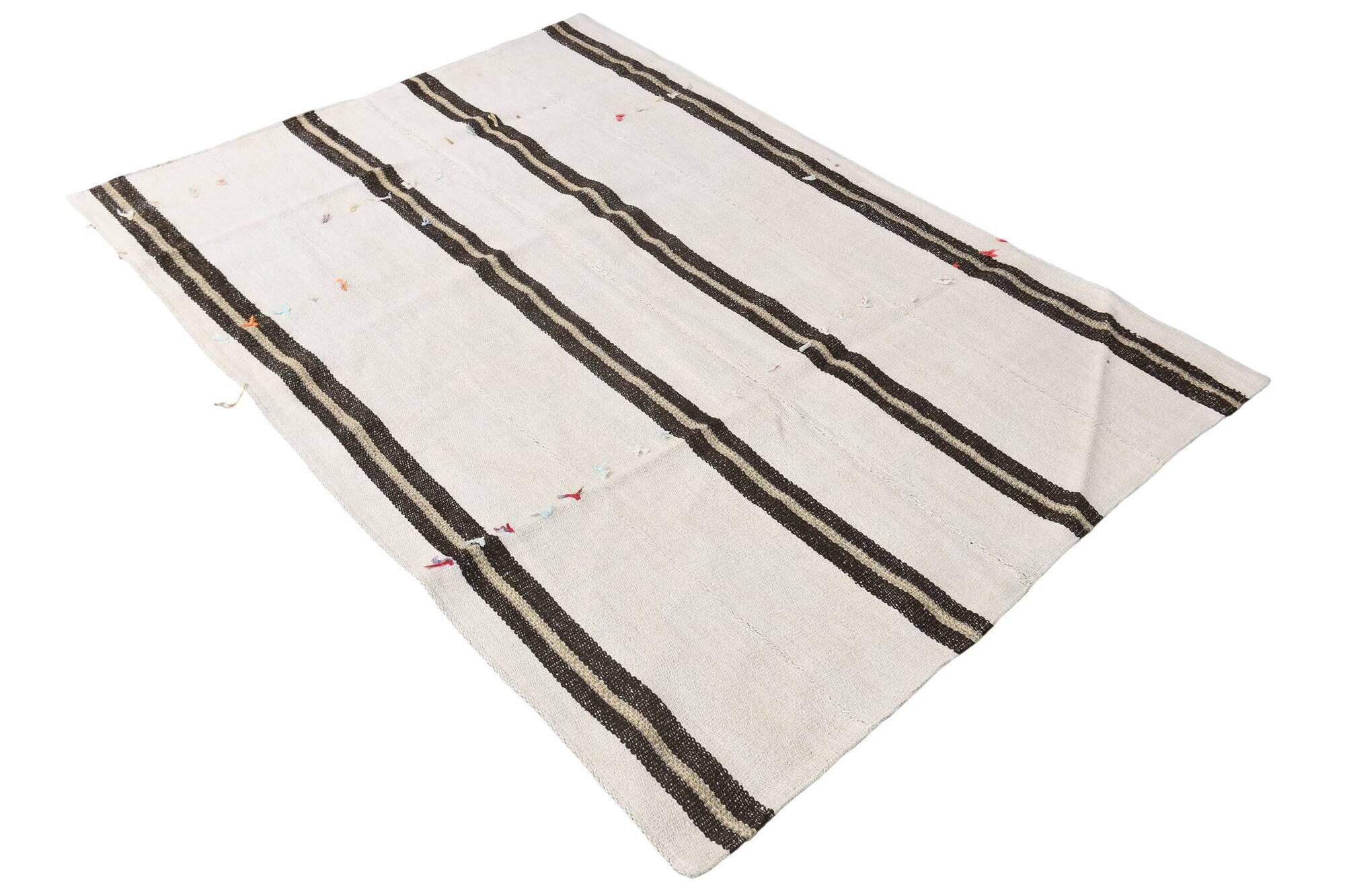 5x7 Turkish Hand-Woven Beige & Brown Striped Kilim Carpet, 144x202Cm