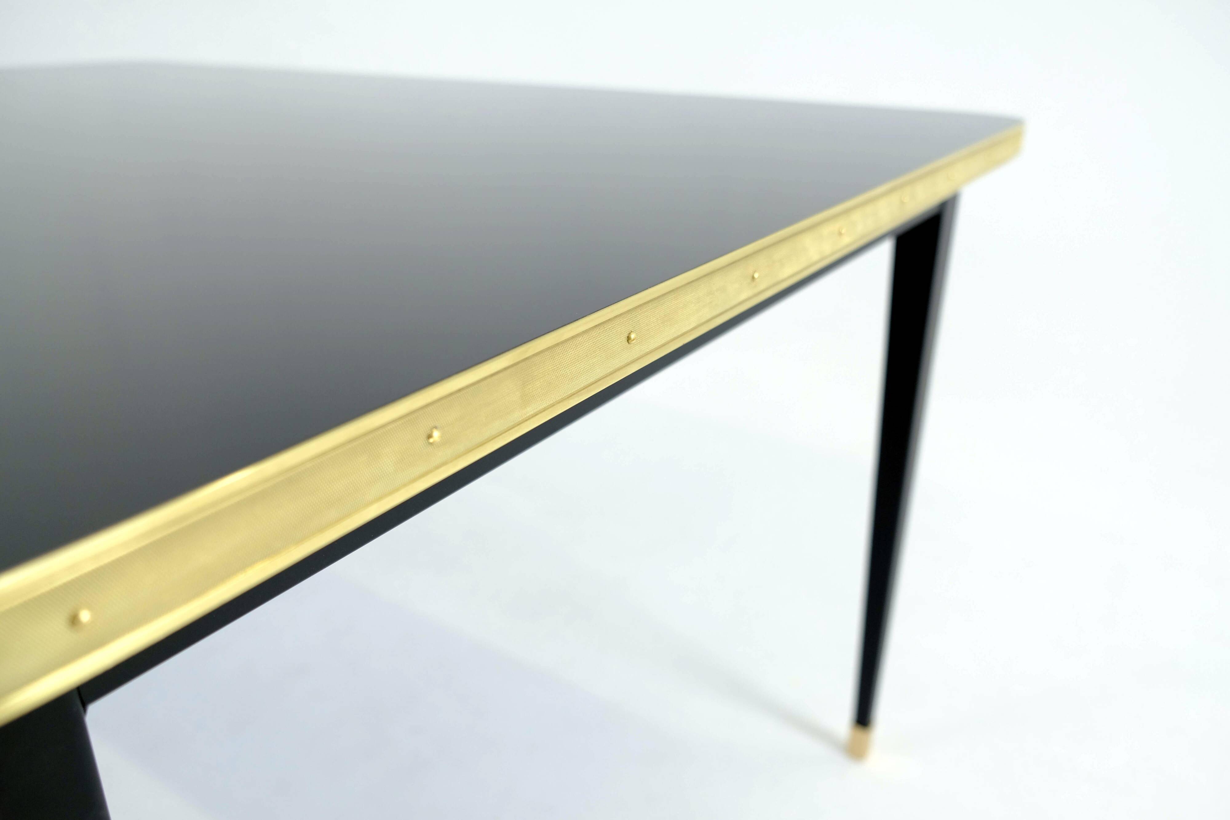 Dining Table, High Gloss Laminate, Brass, Tapered Legs, Navy Blue - XL