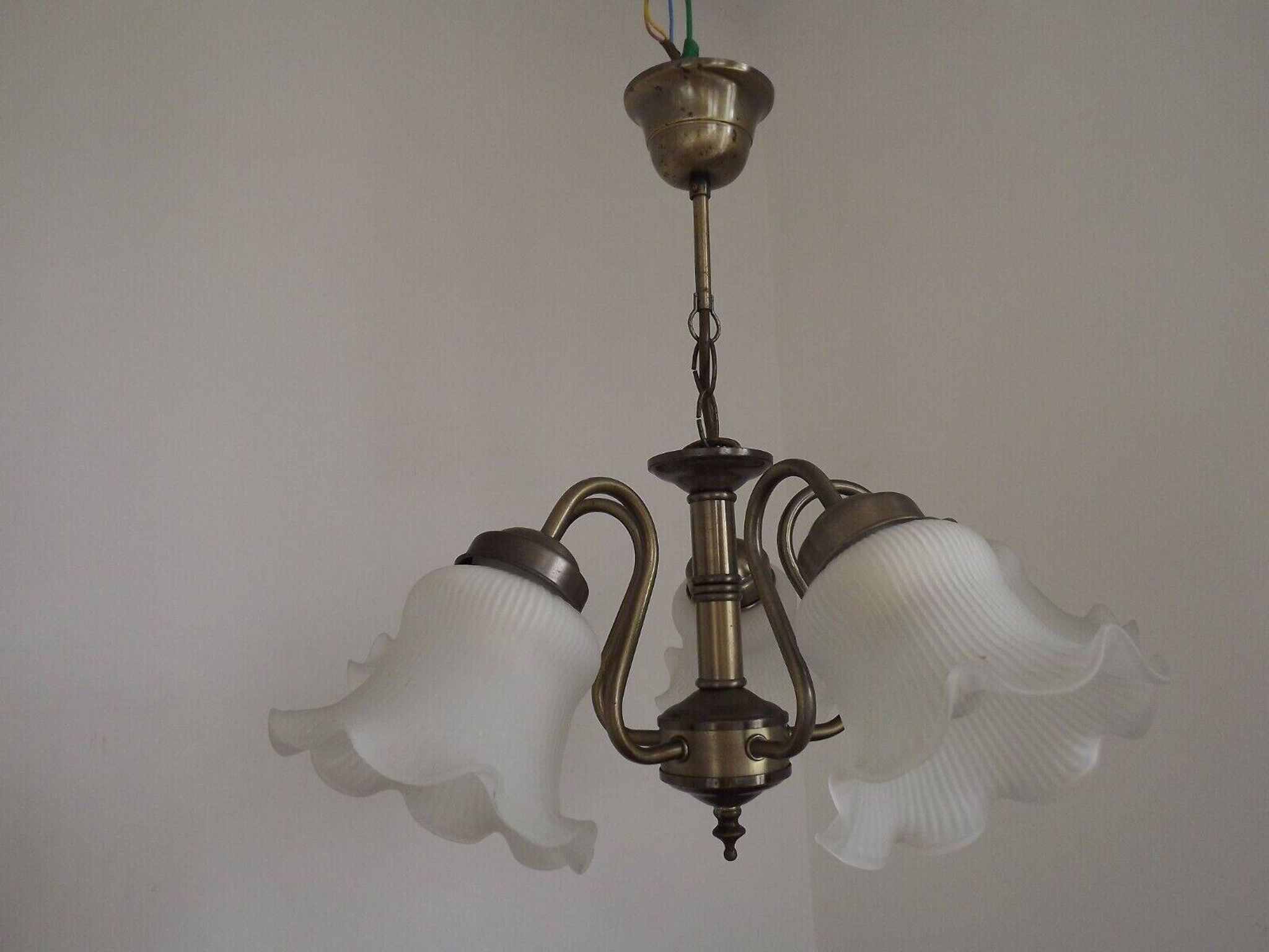Vintage French 5 Light Silver Metal Chandelier With Patterned Glass Shades 4536