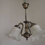 Vintage French 5 Light Silver Metal Chandelier With Patterned Glass Shades 4536
