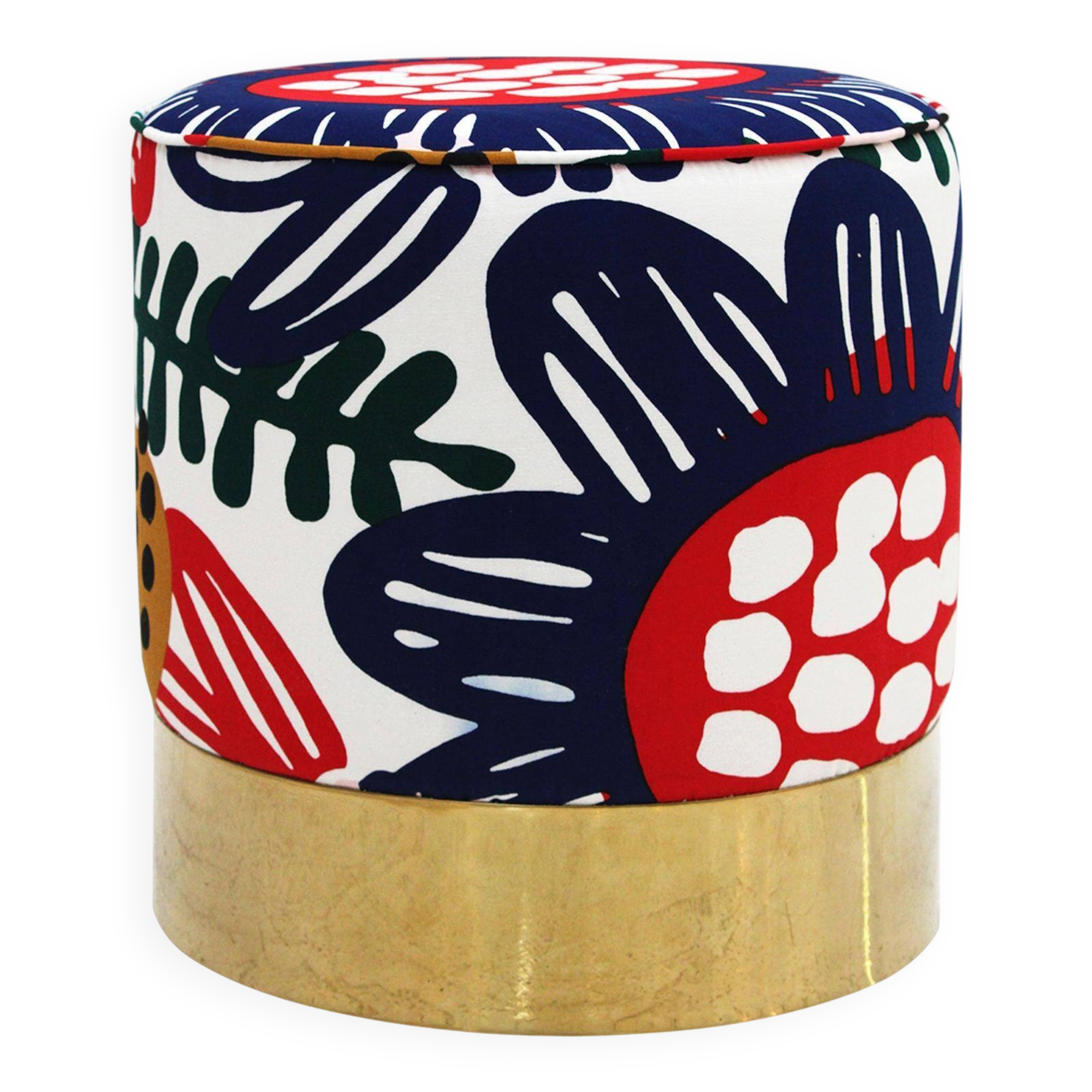 Contemporary Multicolour Floral patterned Fabric and Brass Italian Circular Pouf