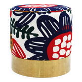 Tissu à motifs floraux multicolores contemporains et pouf circulaire en laiton italien.