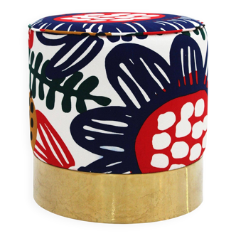 Contemporary Multicolour Floral patterned Fabric and Brass Italian Circular Pouf