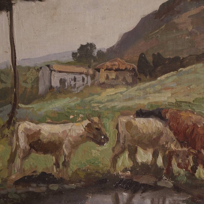 Bucolic landscape painting signed Giron from 20th century