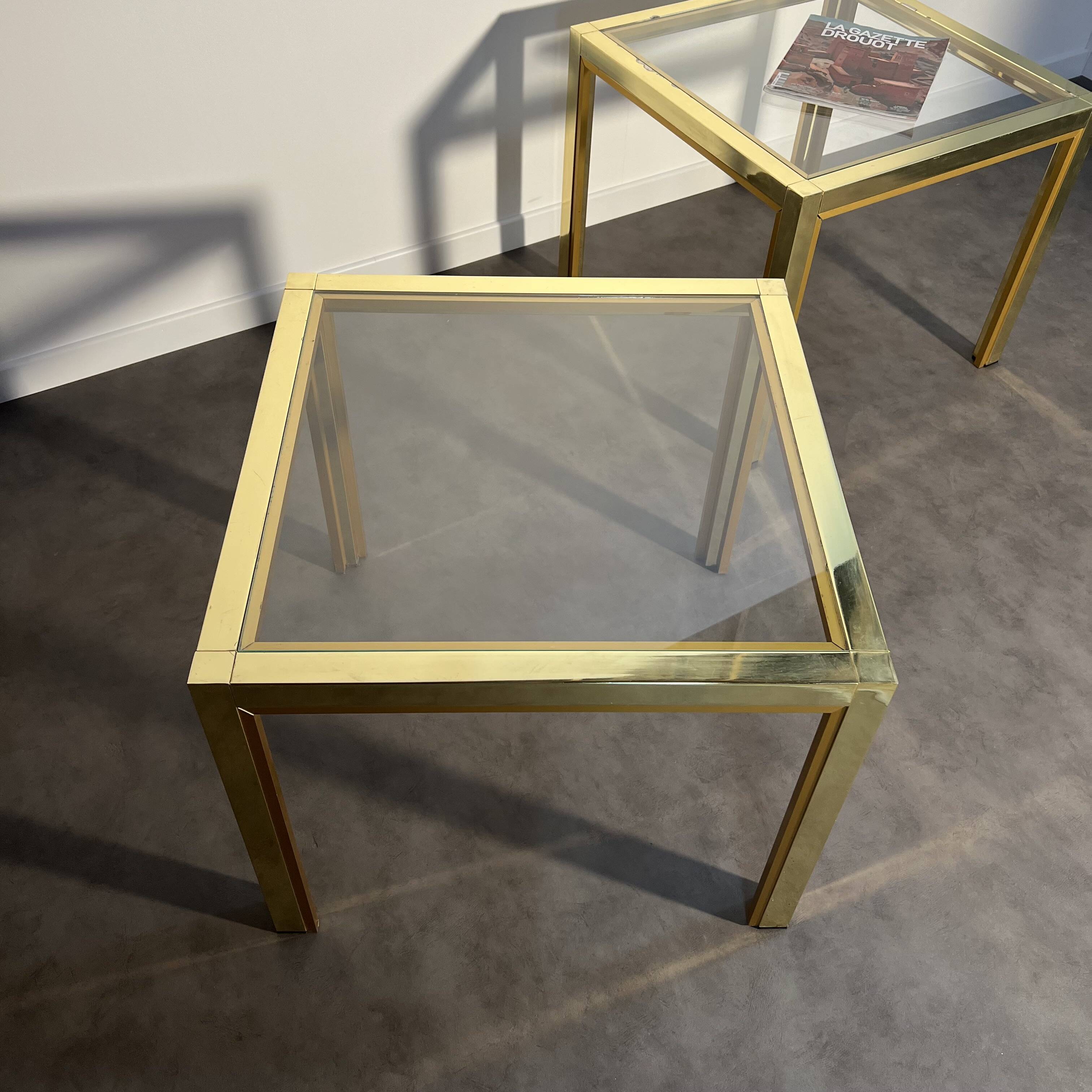 Pair of coffee tables, side table, glass and brass 60x60cm Italy 1960