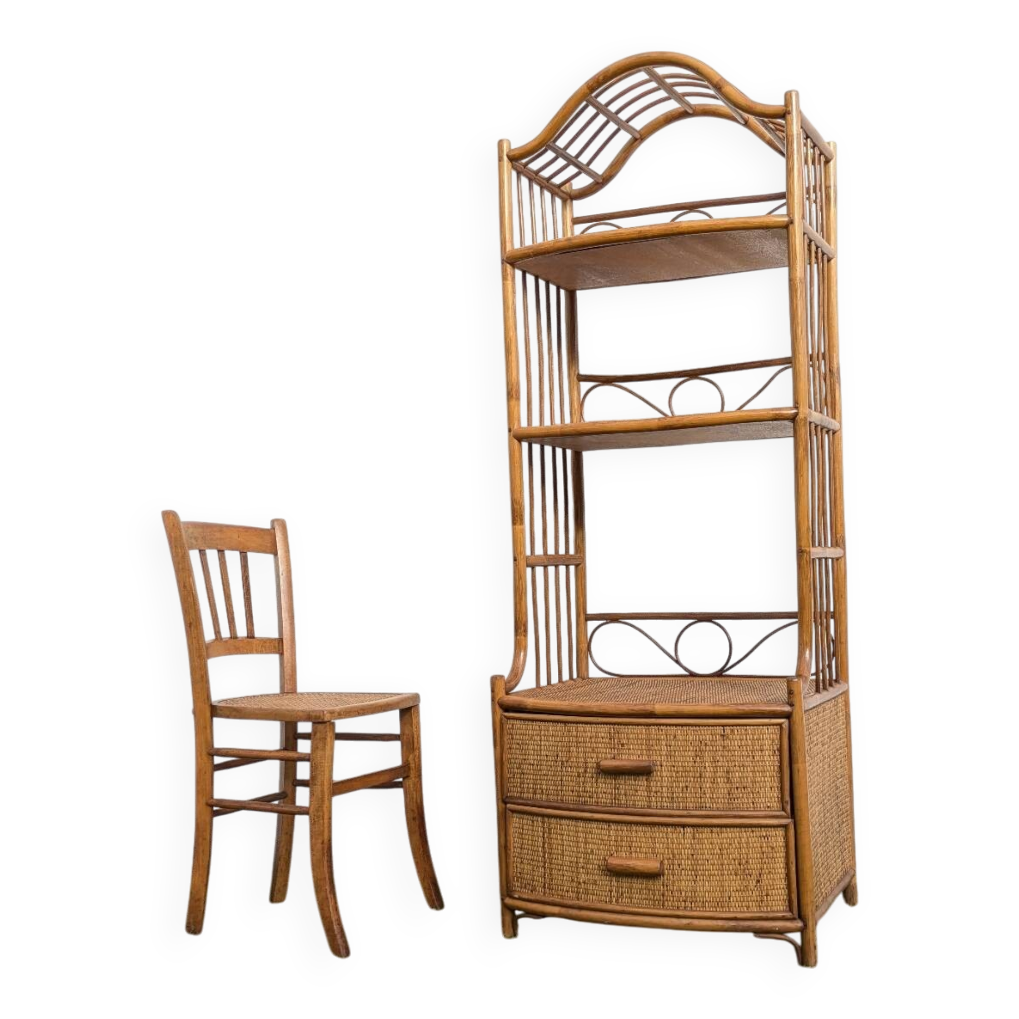 Vintage 1960s Rattan Bamboo Bookcase Shelf Buffet