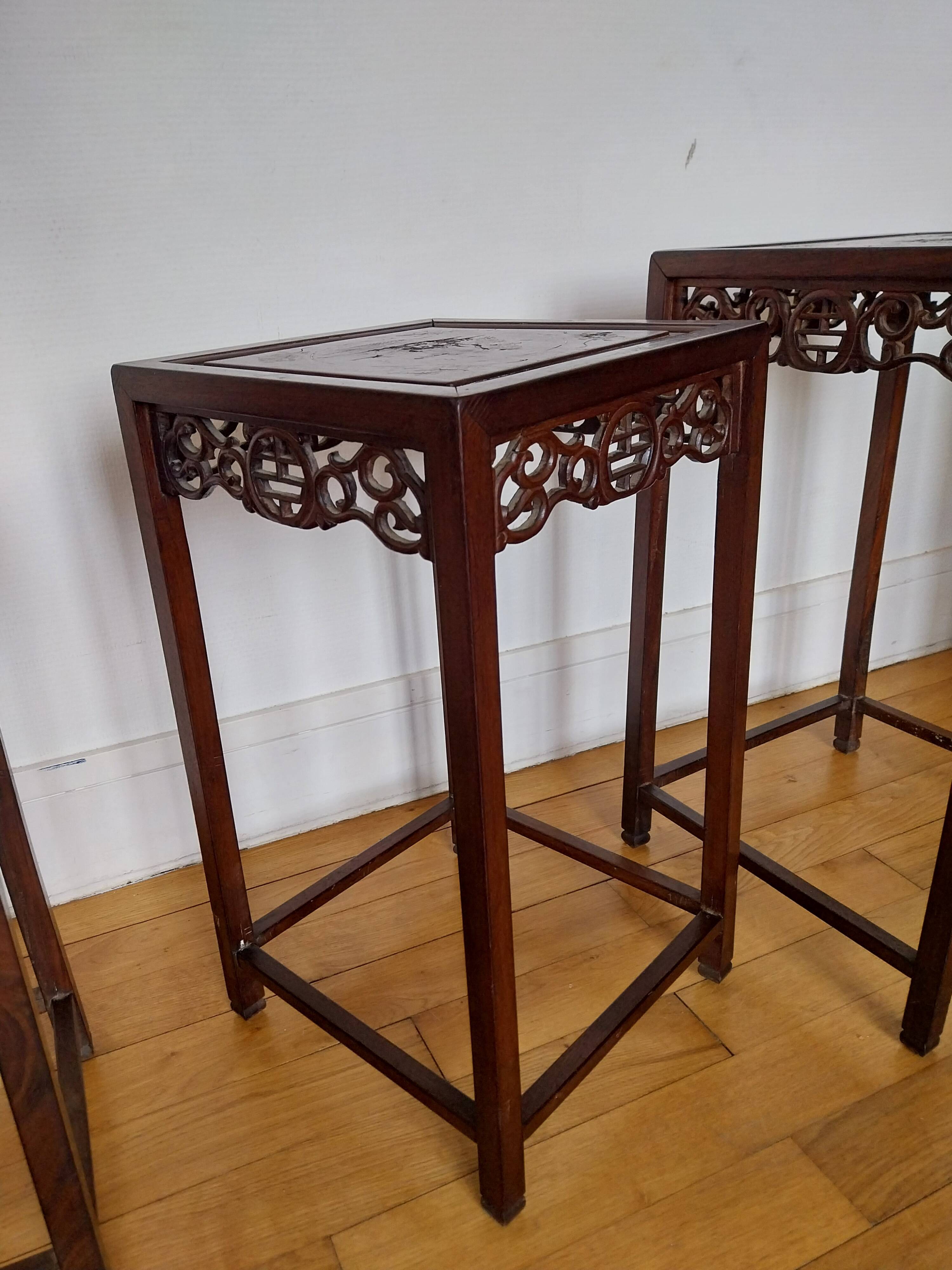 3 Chinese nesting tables in wood and brass.