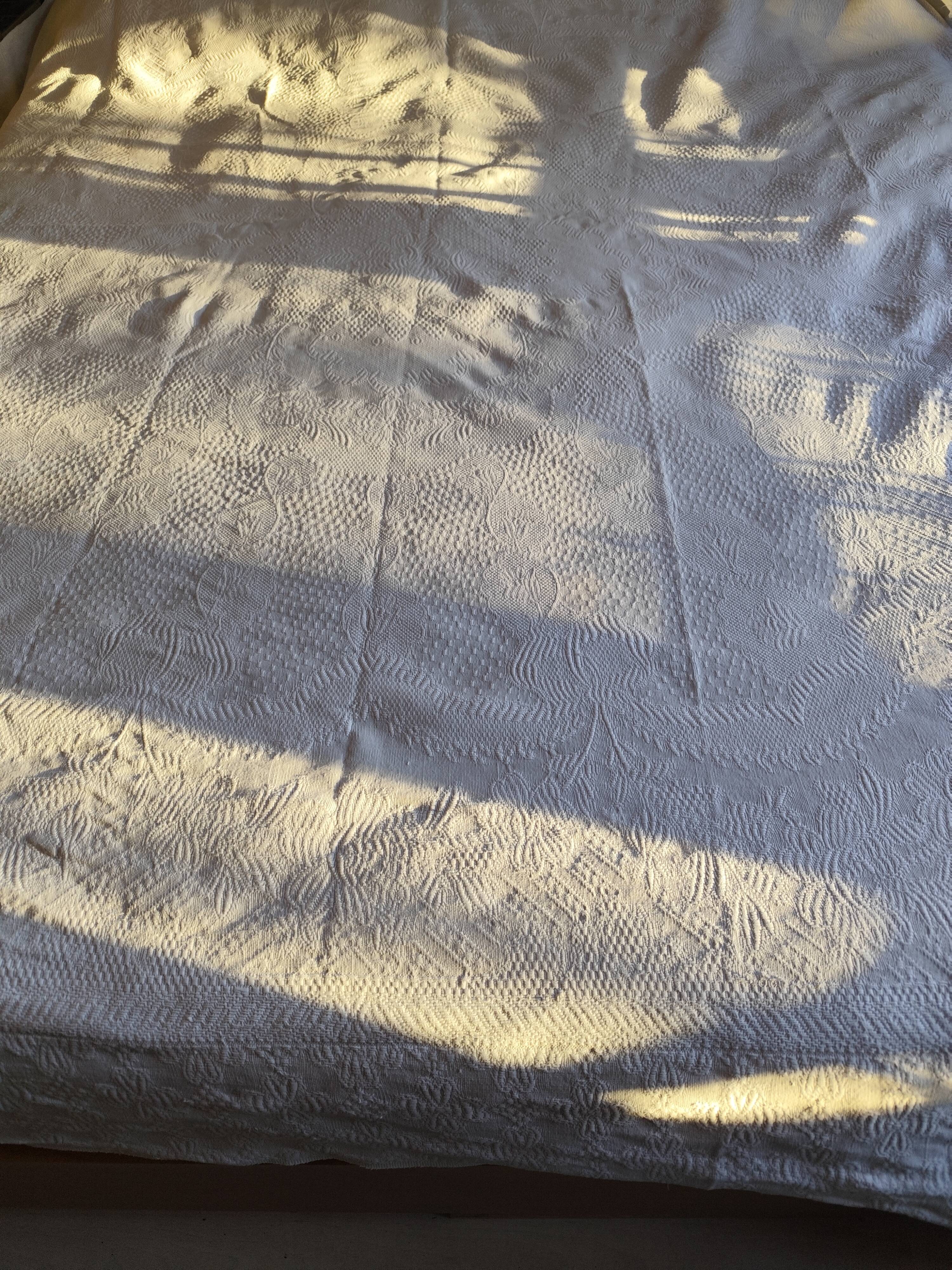 White woven cotton bedspread with fringes