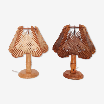 Pair of 1960s French mid century wooden bedside table lamps