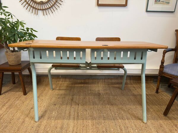 Ancien pupitre double d’écolier –  bois et métal