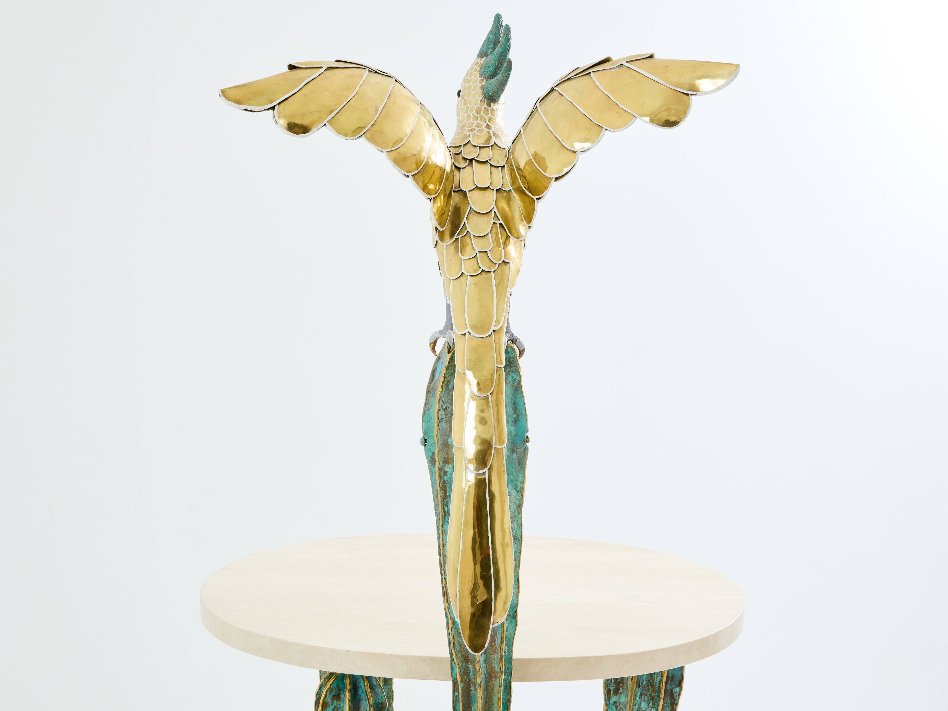 Brass cactus and parrot sculpture console Alain Chervet 1989