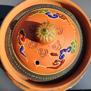 Antique decorative Japanese teapot in terracotta orange tones, with multico enamelled dragon decoration