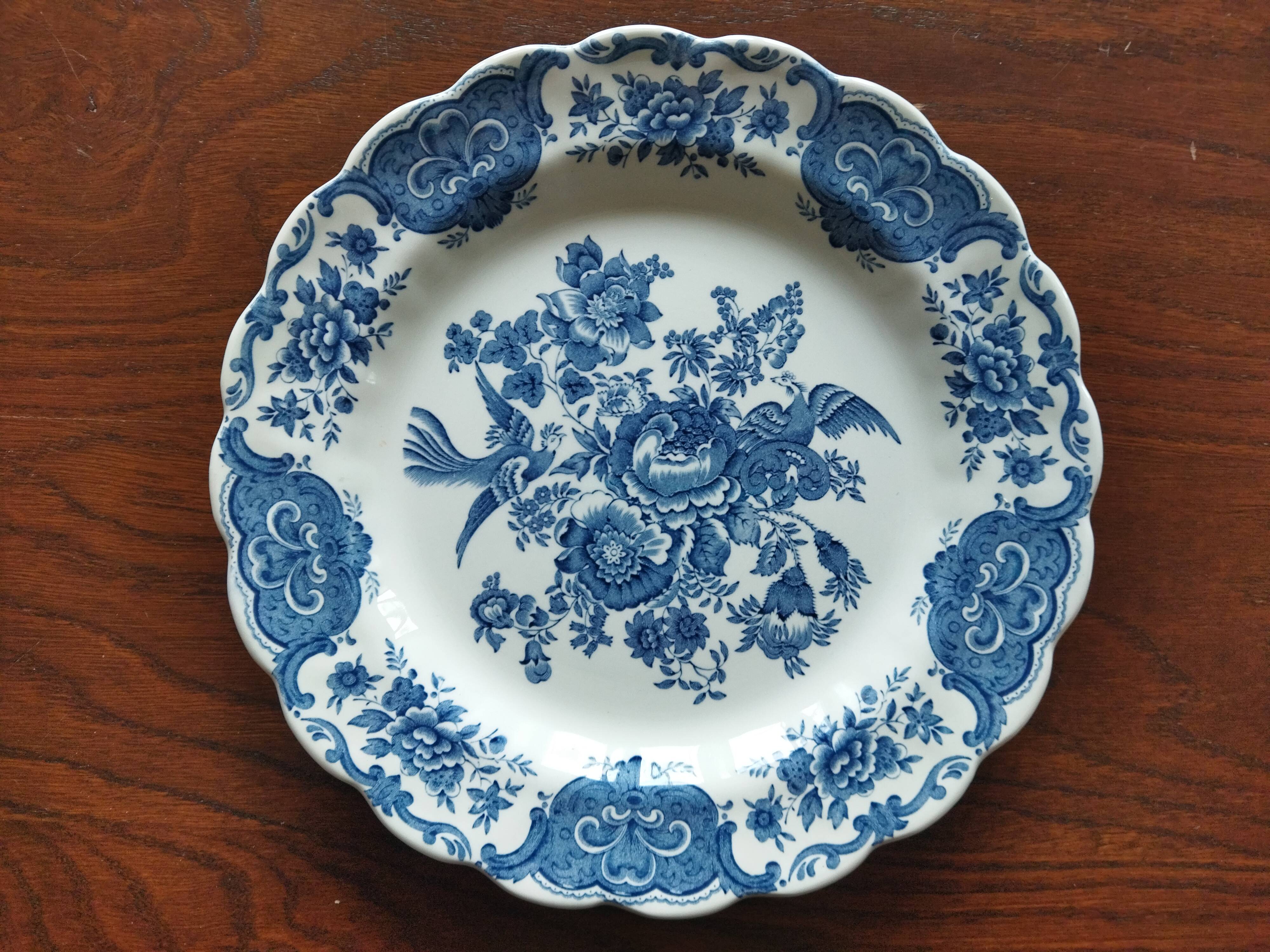 12 English dinner plates Ridgway "Windsor" ("Asiatic Pheasants") blue & white