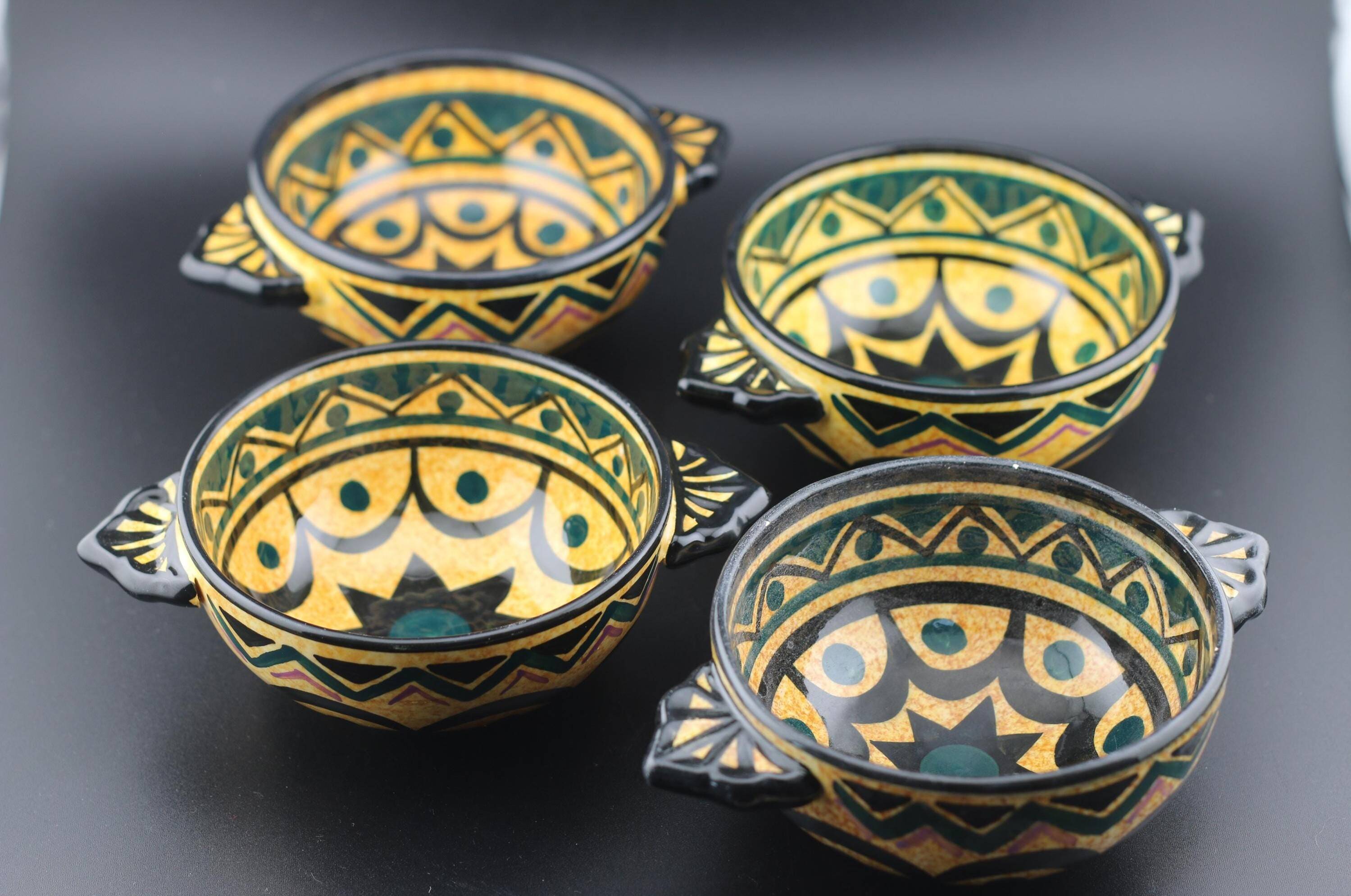 Earthenware Bowls St Jean de Bretagne Set of 4 Hand Decorated Geometric Black