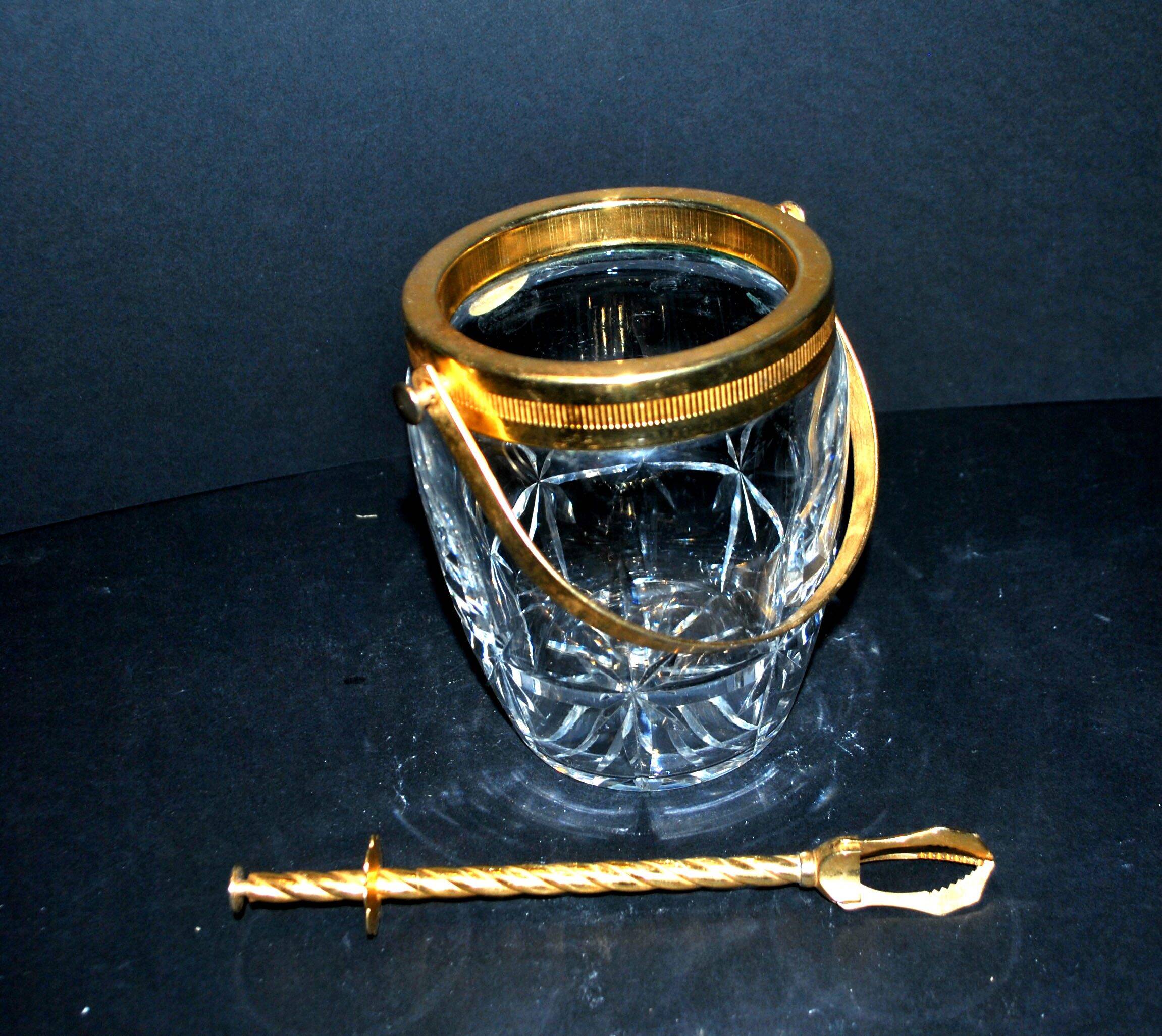 Vintage gold cut crystal ice bucket - ice cube pot + tongs CRISTAL AG