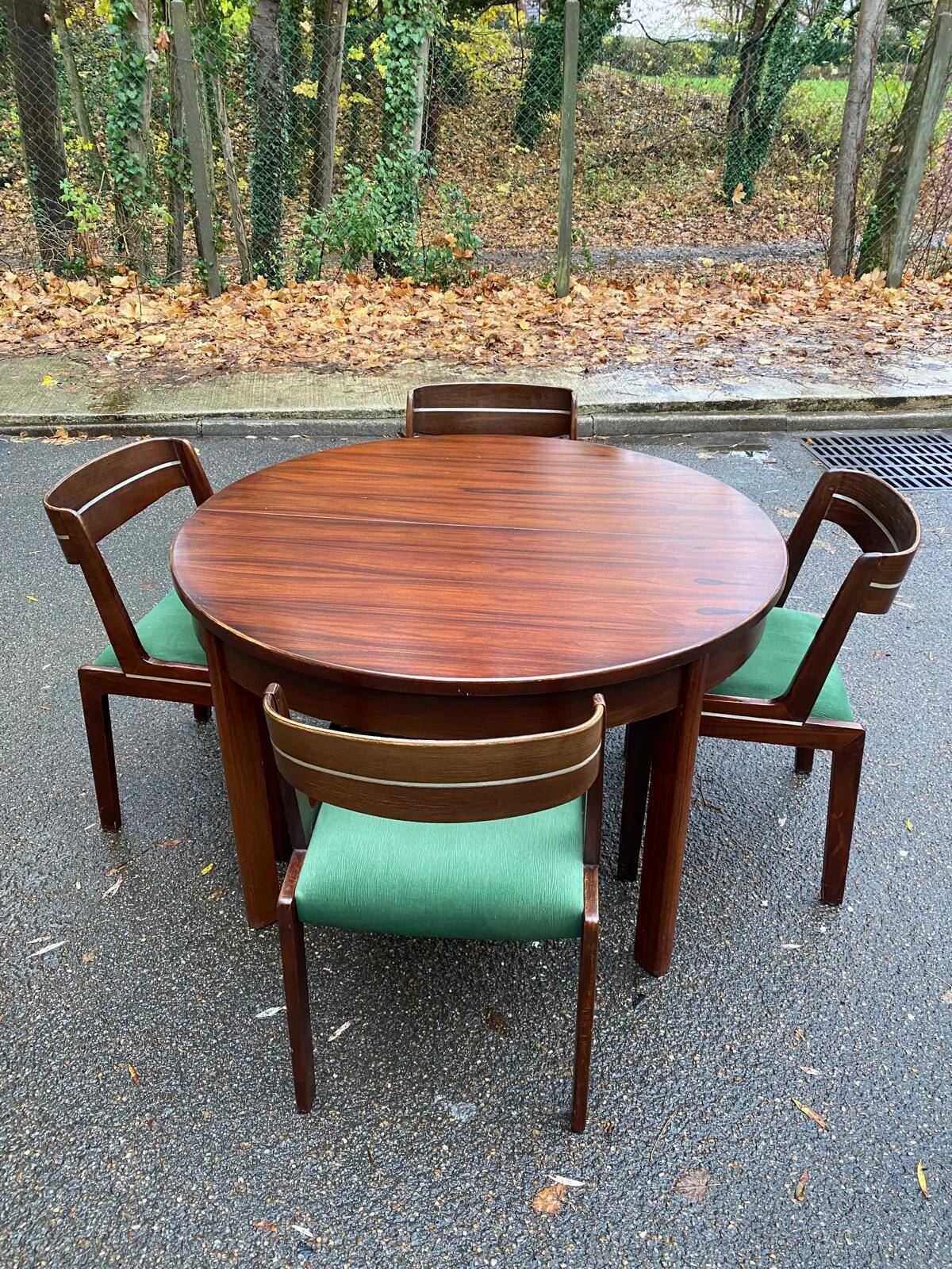 Scandinavian dining table and 4 Hans Olsen style chairs in teak and velvet.