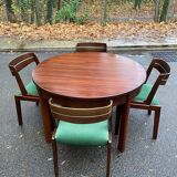 Scandinavian dining table and 4 Hans Olsen style chairs in teak and velvet.