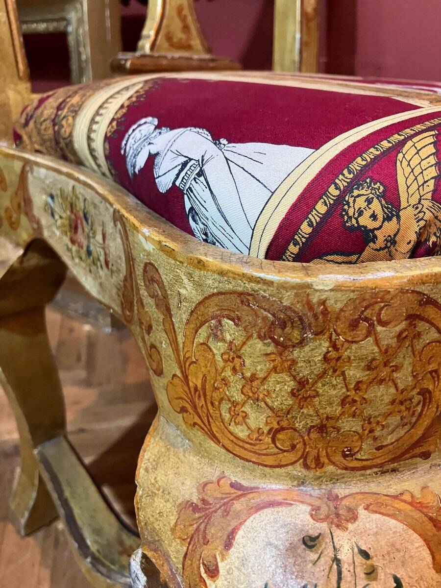 Venetian Lacquered Rococo-Style Armchairs with Hand-Painted Floral Décor and Theater-Inspired Upholstery, Set of 2