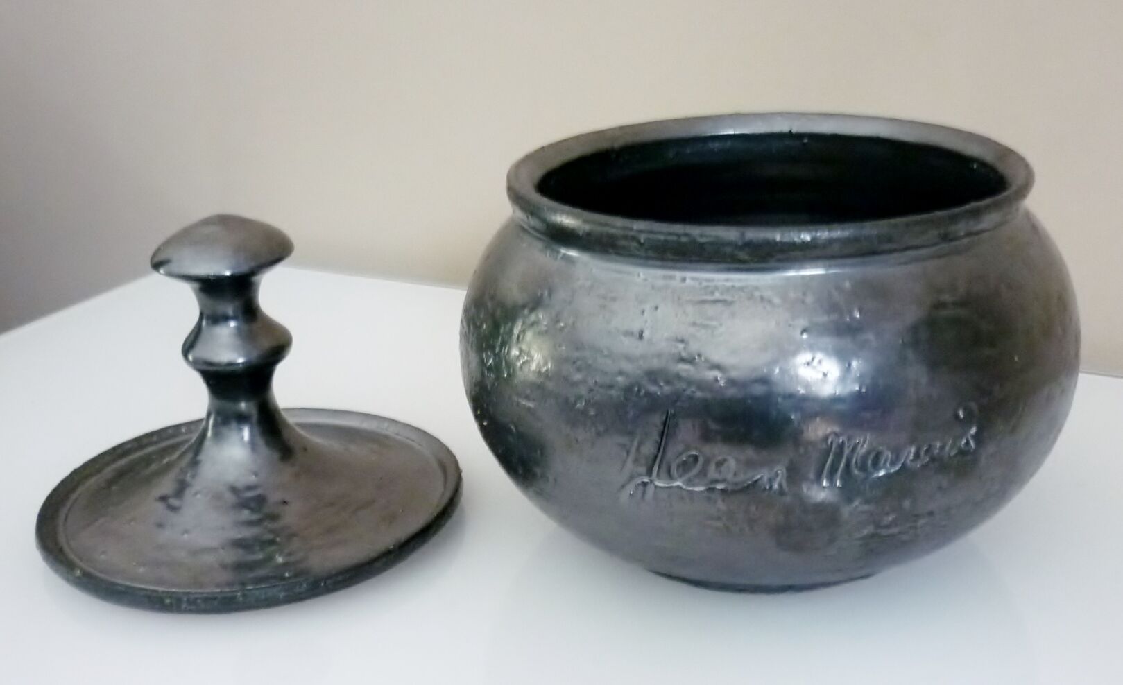 Black metal glazed ceramic bonbonnière, signed Jean Marais Vallauris