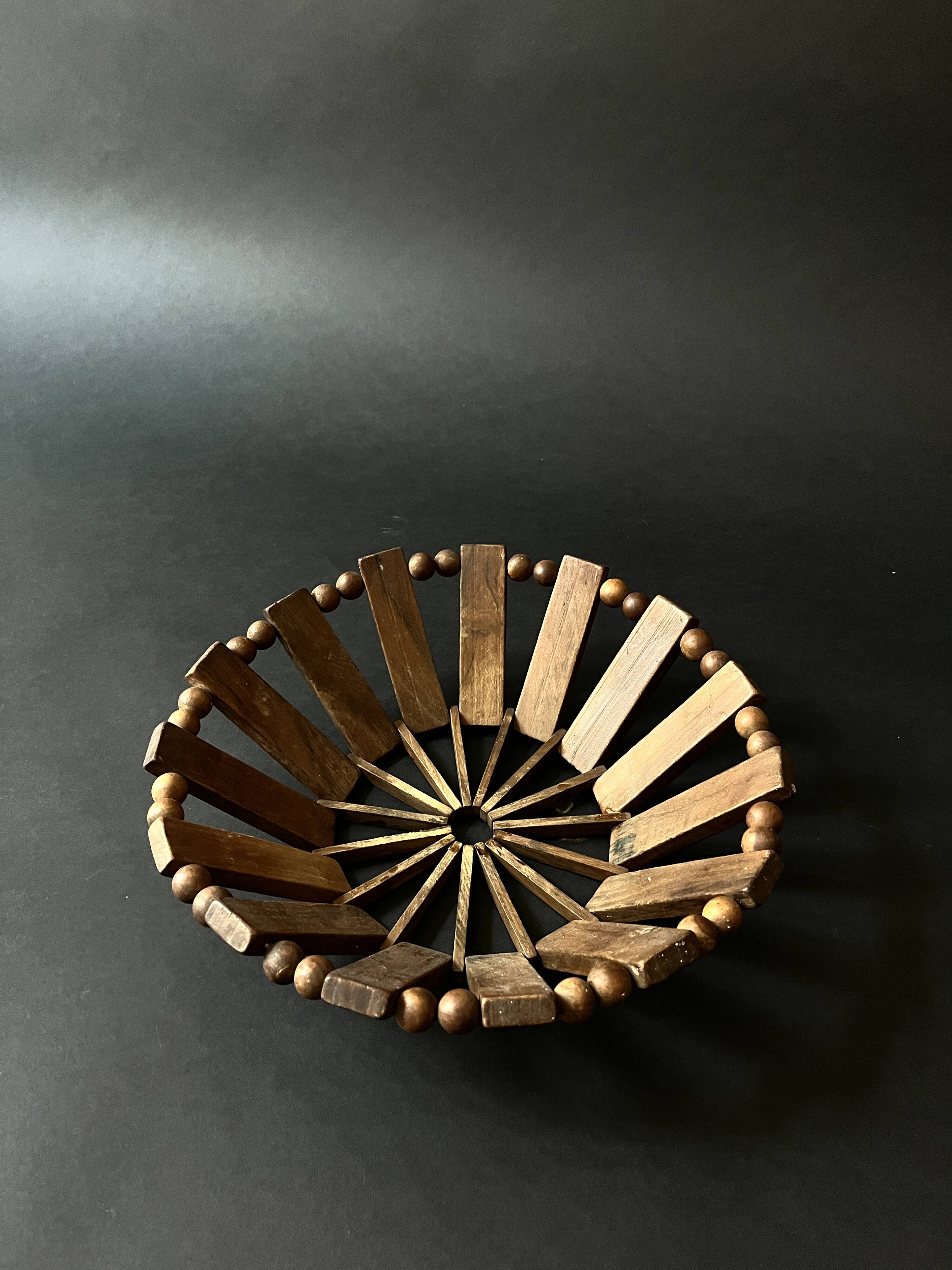 Olive wood and wooden bead fruit basket, France 1970