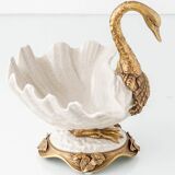 Sculptural Art Nouveau Swan Coupe in Crackled Glazed Porcelain and Gilded Metal