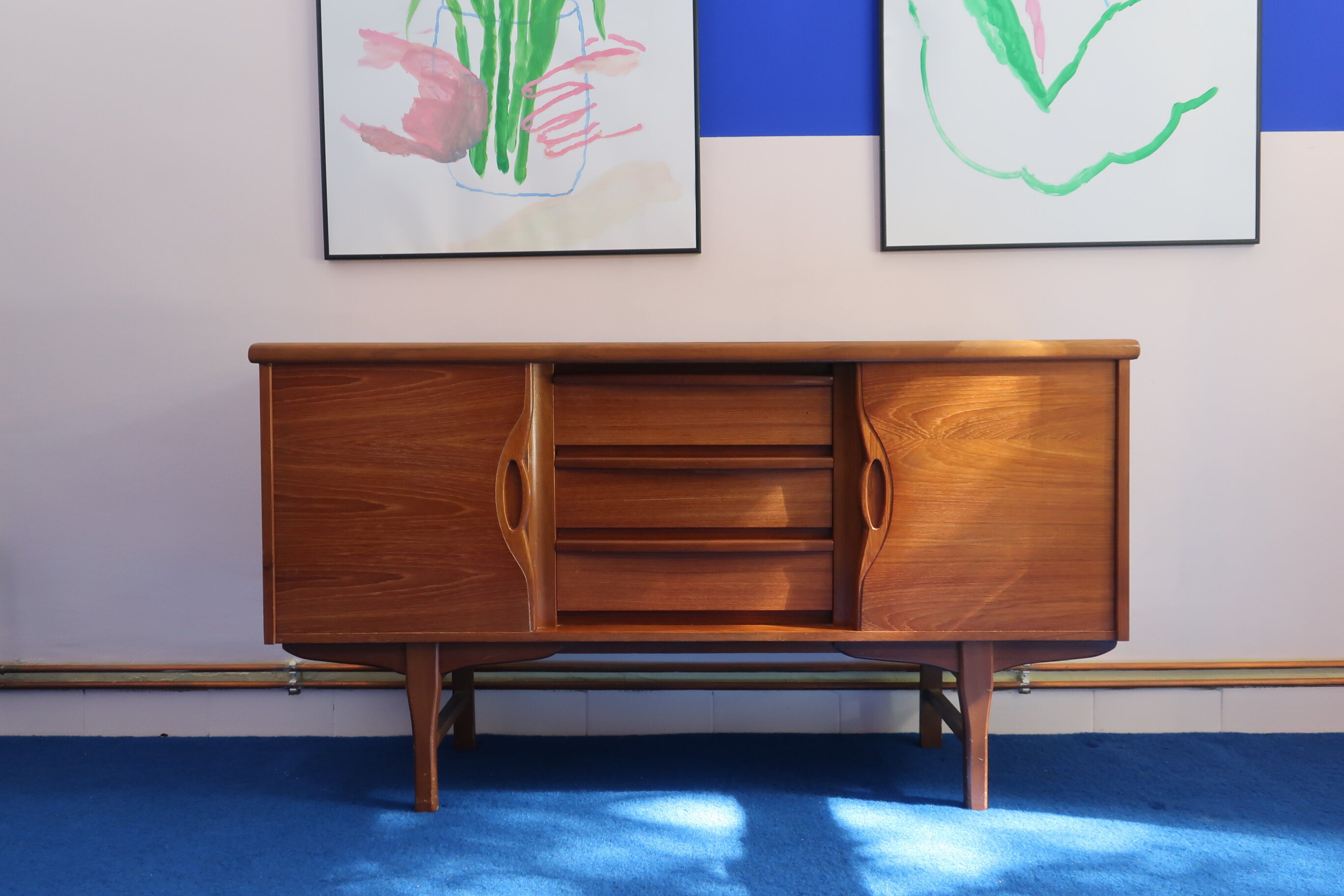 60s teak row, two sliding doors
