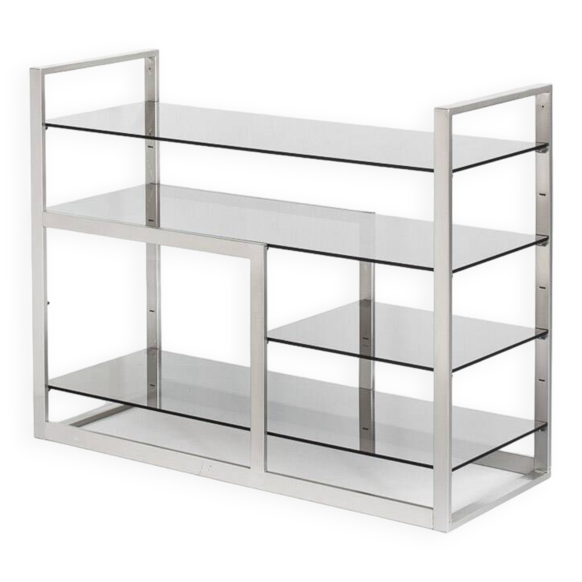 Vintage TV or HiFi cabinet. Brushed stainless steel and smoked glass. France, 1970s