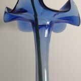 Vase bleu cobalt vintage bord onduler - verre souffle