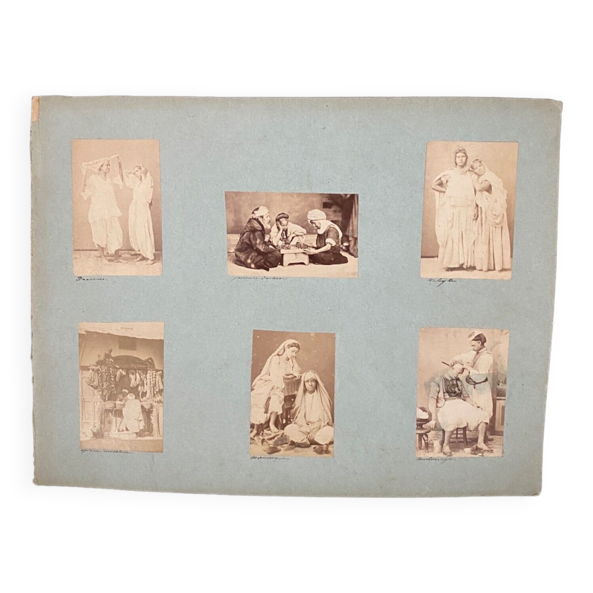 6 old photographs dancers chess players Kabyles grocery store