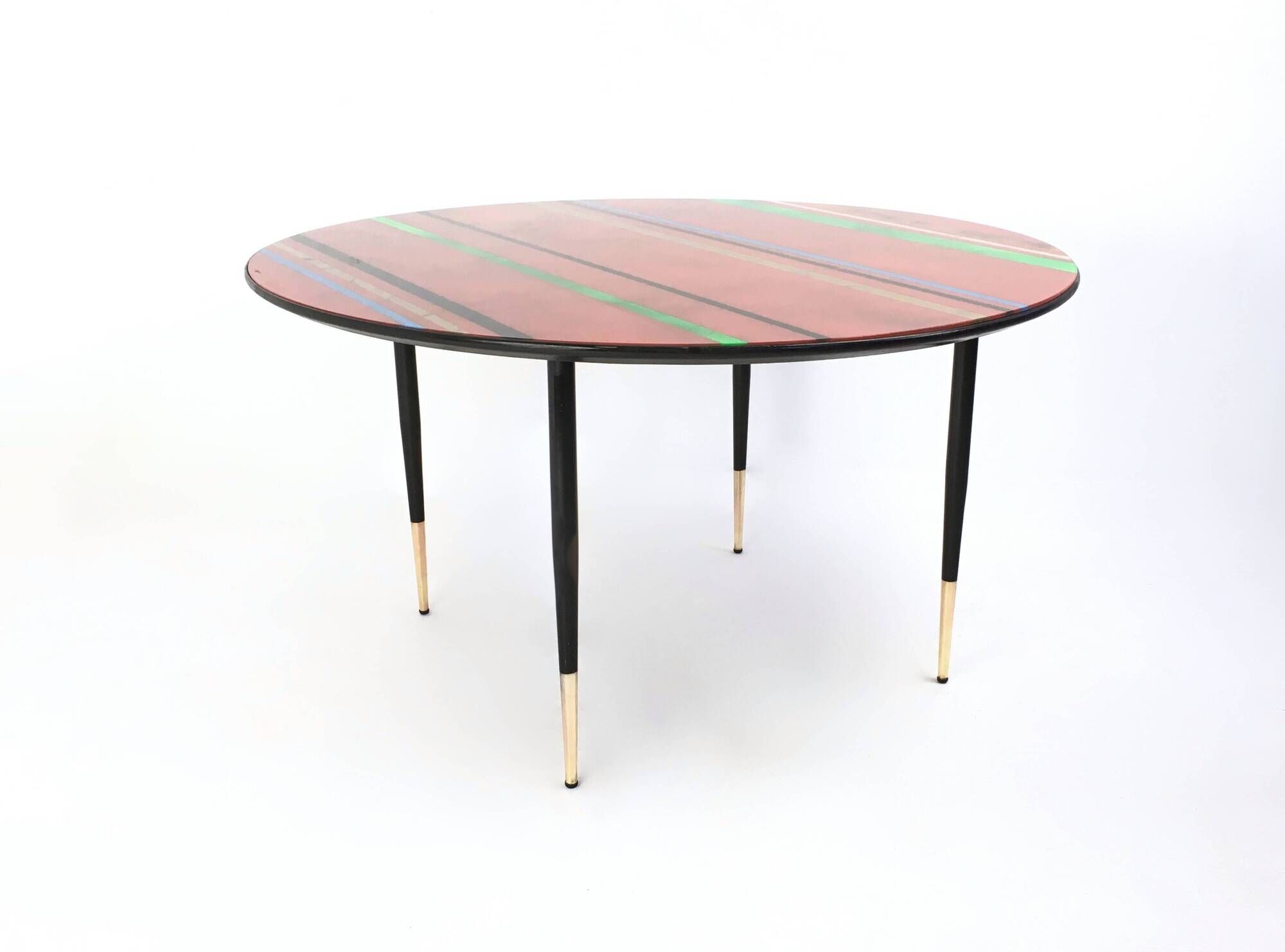 Vintage Round Coffee Table with a Red Striped Glass Top, Italy