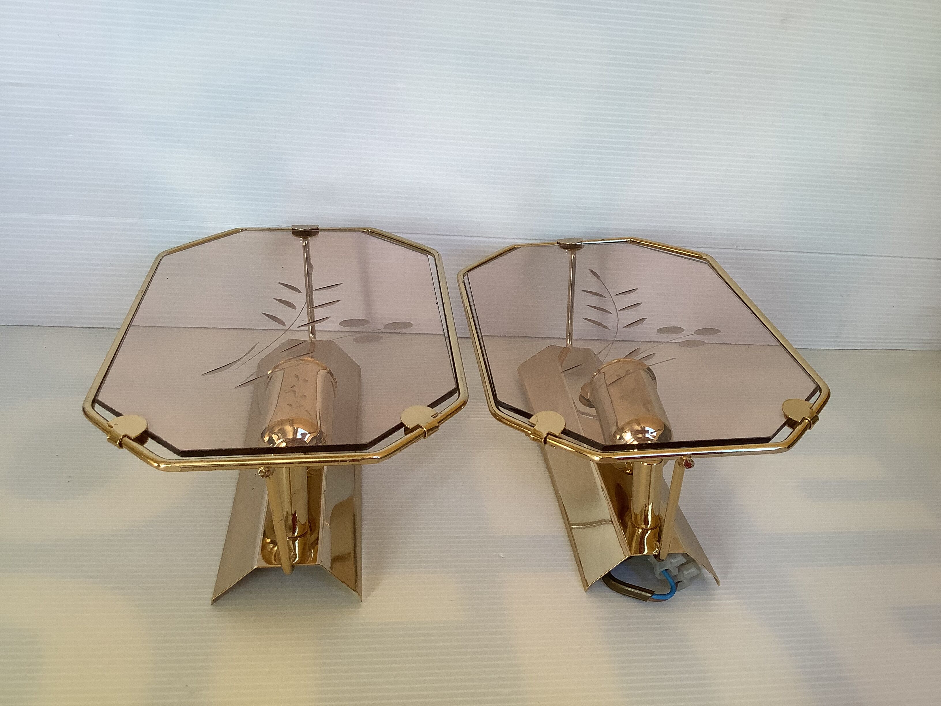 Pair of old brass wall lamps cut glass